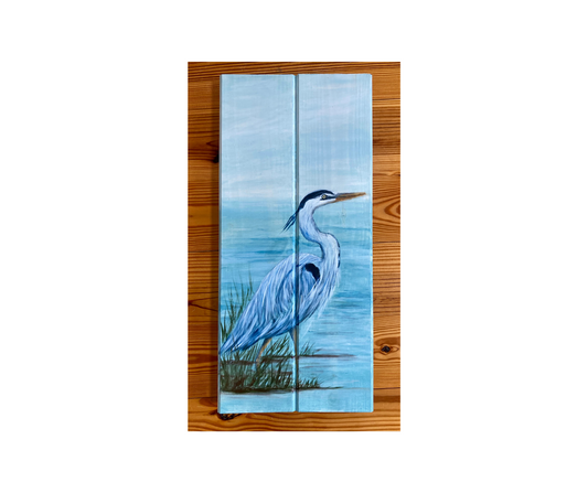 Blue Heron on Wooden Board