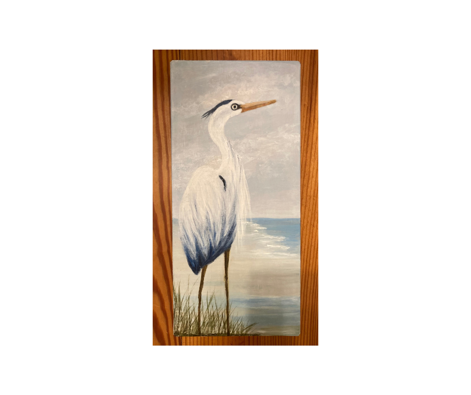 Blue Heron on Wooden Board